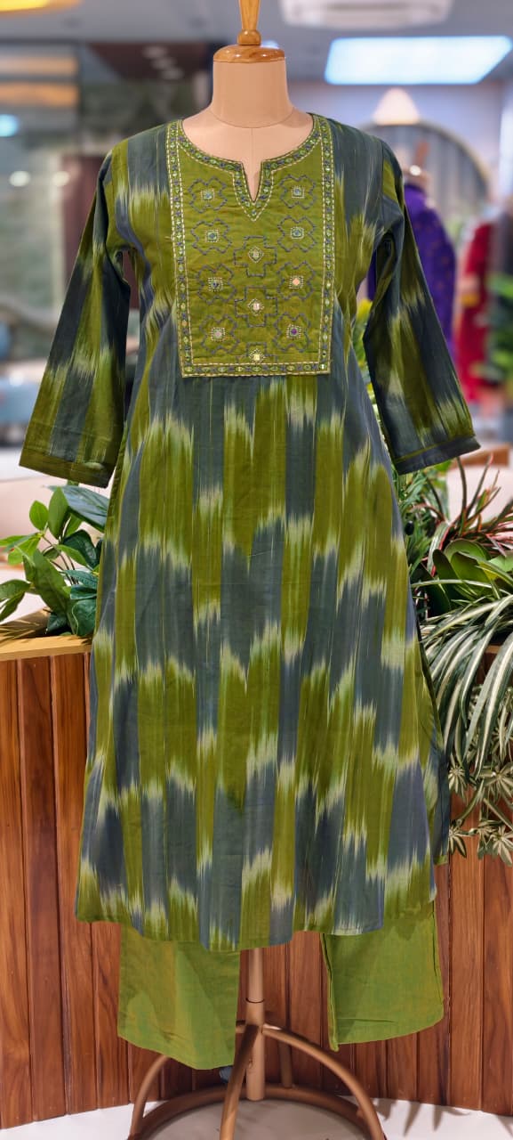 Ikkat Inspired Summer Wear Cotton Kurta Pant Set With Mirror Touch In Yoke RB111-14032