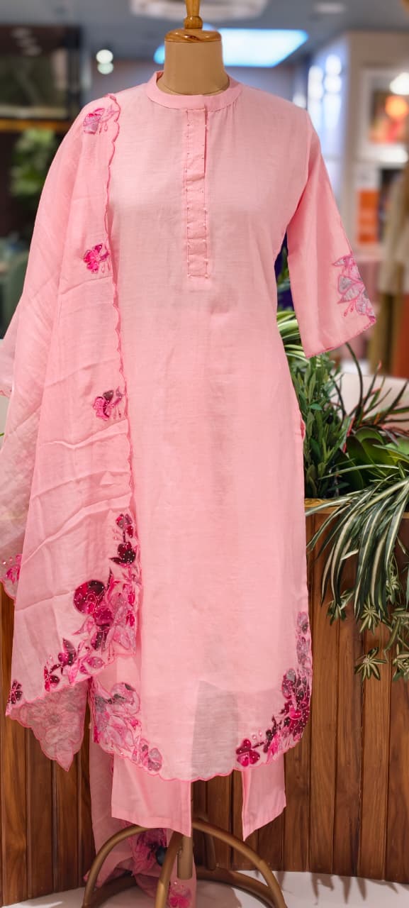 Very Smart Look Solid Mul Chanderi Full Suit Set With Dupatta With Minimal Embroidery Work Downside In Mul Chanderi Fabric-RB108-14031