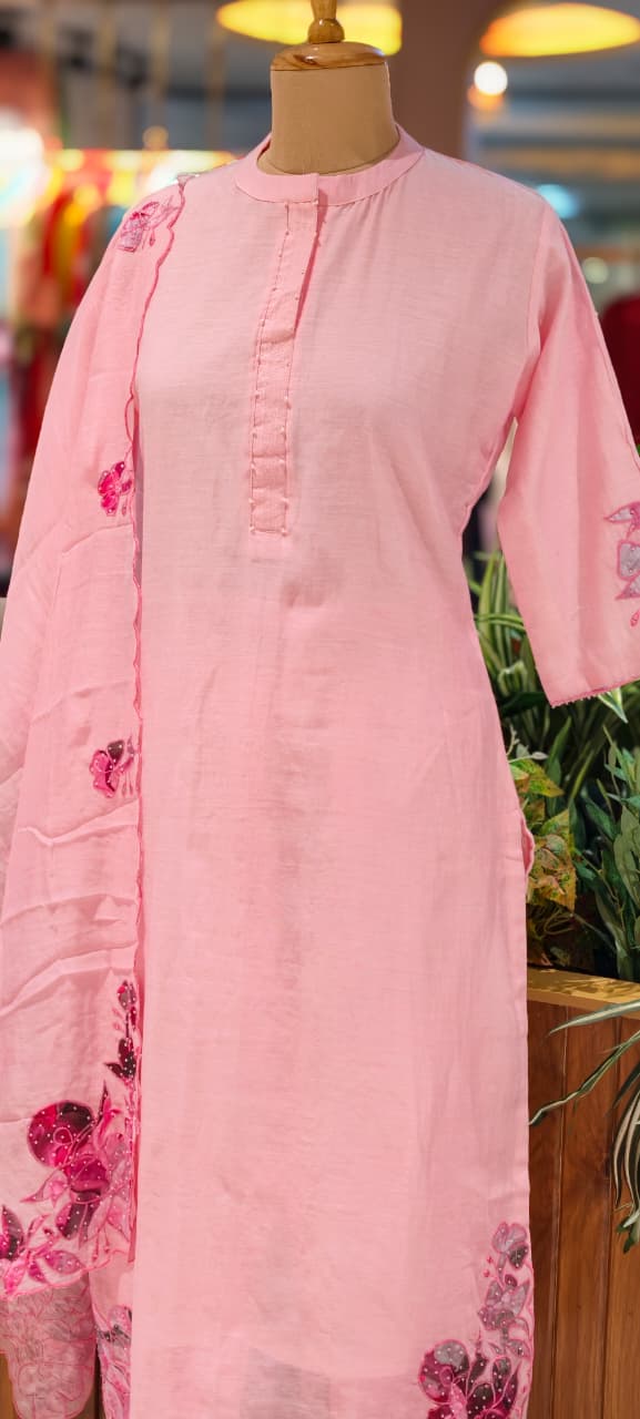 Very Smart Look Solid Mul Chanderi Full Suit Set With Dupatta With Minimal Embroidery Work Downside In Mul Chanderi Fabric-RB108-14031