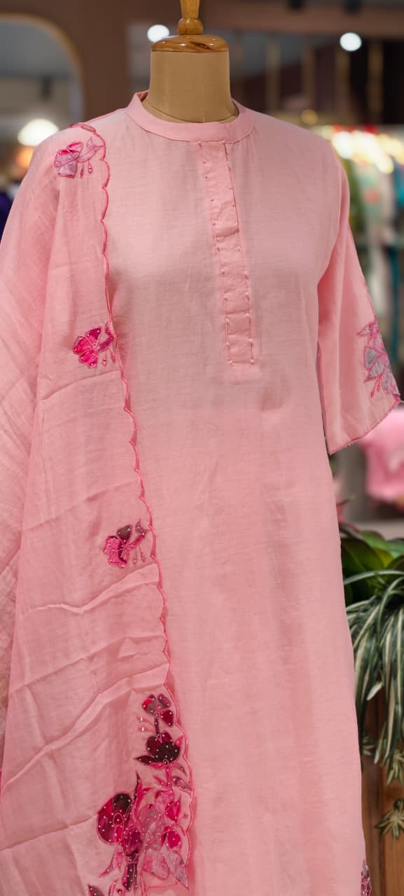 Very Smart Look Solid Mul Chanderi Full Suit Set With Dupatta With Minimal Embroidery Work Downside In Mul Chanderi Fabric-RB108-14031