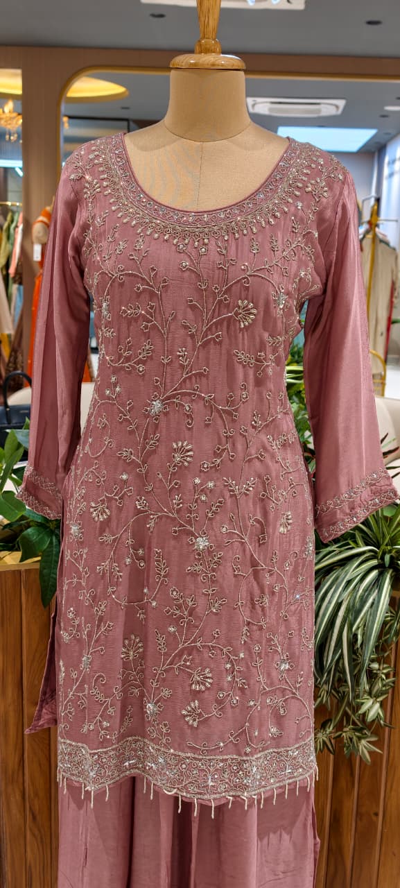 Misty Mauve Elegant Scattered Handwork Chinon Full Suit Set With Dupatta & Palazzo Bottom- 13626