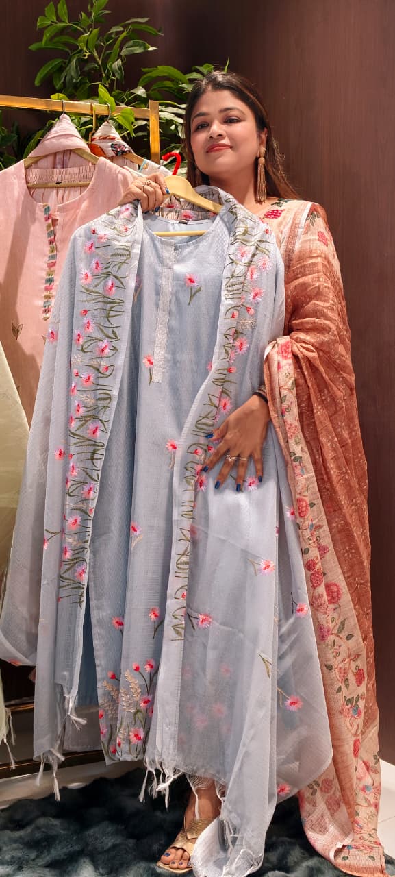 Aqua Floral Intricate Detailing Embroidered Jute Cotton Full Suit Set With Dupatta-13552