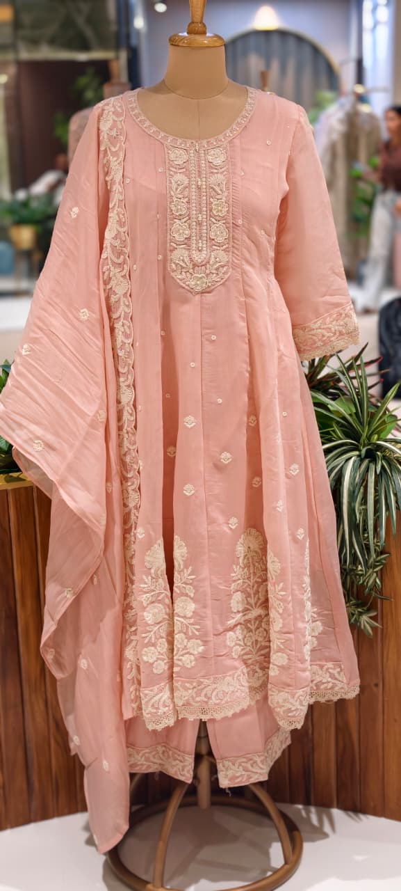 Soft Premium Intricate Floral Embroidery Panel Anarkali Pastel Shaded Full Suit Set With Dupatta- 14116 RB125