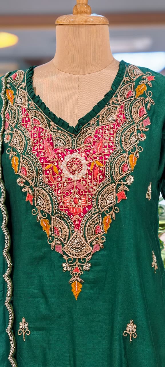 Banjara Bliss Complete Zardosi Work Peplum Kurta With Solid Sharara Bottom & Bordered Dupatta- 14024