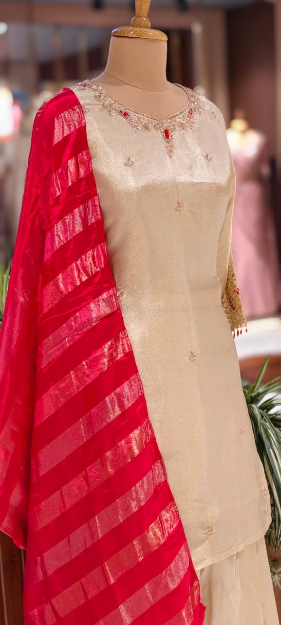 Premium Tissue Designer Sleeve & Neck Work Solid Full Suit Set With Palazzo Bottom & Striped Vibrant Dupatta-14082 RB121