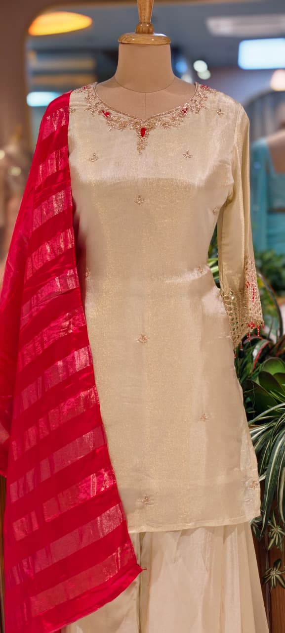 Premium Tissue Designer Sleeve & Neck Work Solid Full Suit Set With Palazzo Bottom & Striped Vibrant Dupatta-14082 RB121
