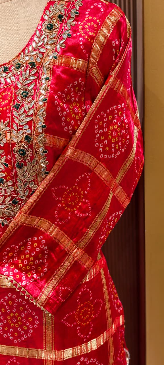 Ghatchola Festive Inspired Gotta Wok Bandhej Full Suit Set With Sharara Bottom & Dupatta In Gajji Silk Fabric- 13918 RB118