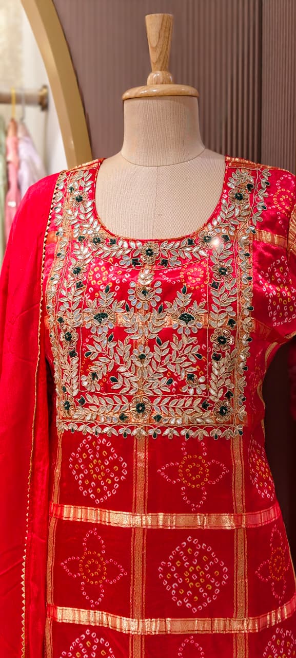 Ghatchola Festive Inspired Gotta Wok Bandhej Full Suit Set With Sharara Bottom & Dupatta In Gajji Silk Fabric- 13918 RB118