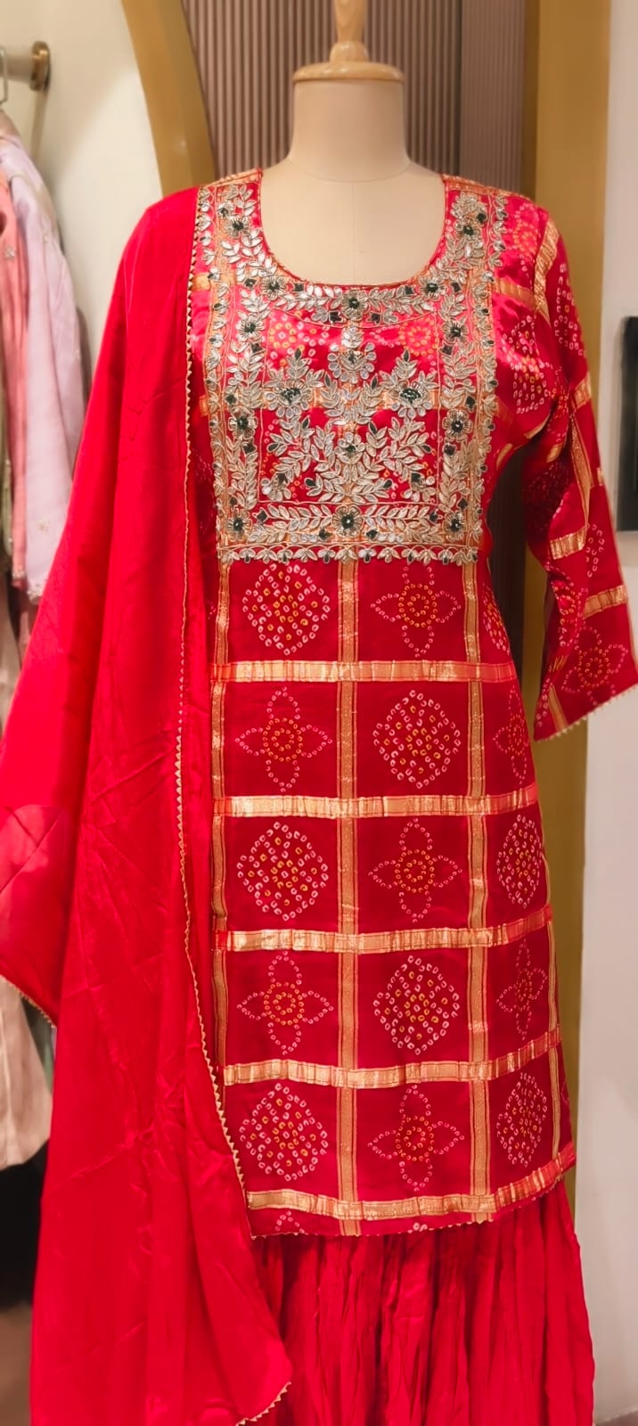 Ghatchola Festive Inspired Gotta Wok Bandhej Full Suit Set With Sharara Bottom & Dupatta In Gajji Silk Fabric- 13918 RB118