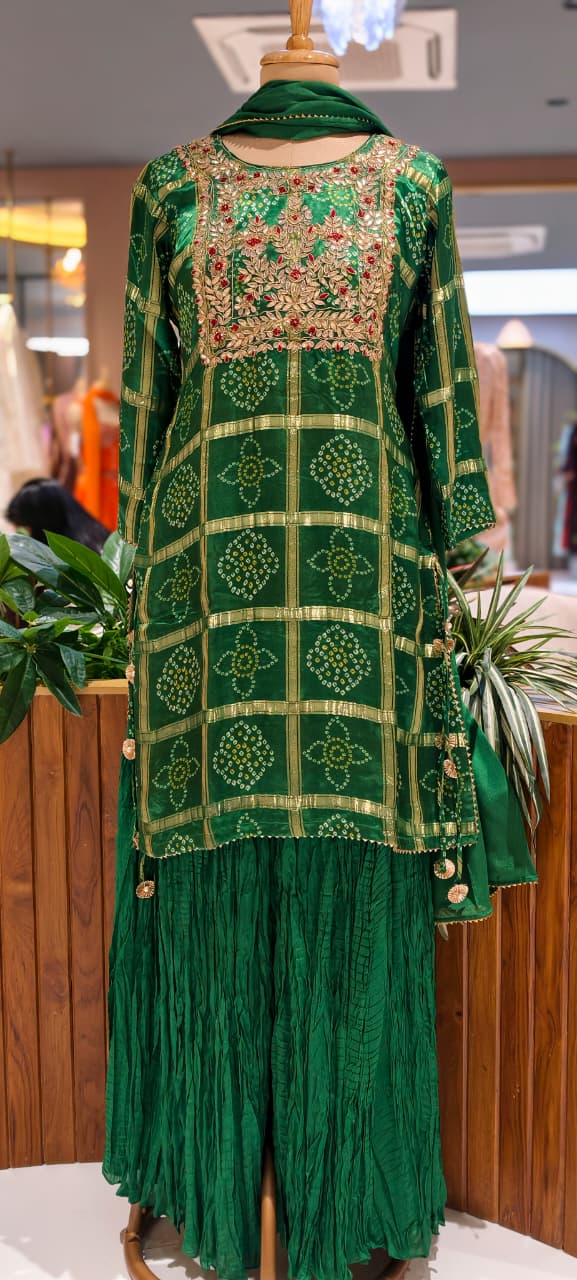Ghatchola Festive Inspired Gotta Wok Bandhej Full Suit Set With Sharara Bottom & Dupatta In Gajji Silk Fabric- 13918 RB118