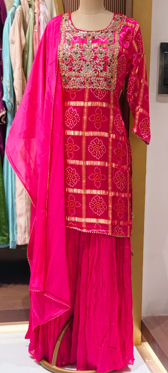Ghatchola Festive Inspired Gotta Wok Bandhej Full Suit Set With Sharara Bottom & Dupatta In Gajji Silk Fabric- 13918 RB118
