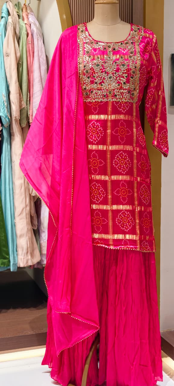 Ghatchola Festive Inspired Gotta Wok Bandhej Full Suit Set With Sharara Bottom & Dupatta In Gajji Silk Fabric- 13918 RB118