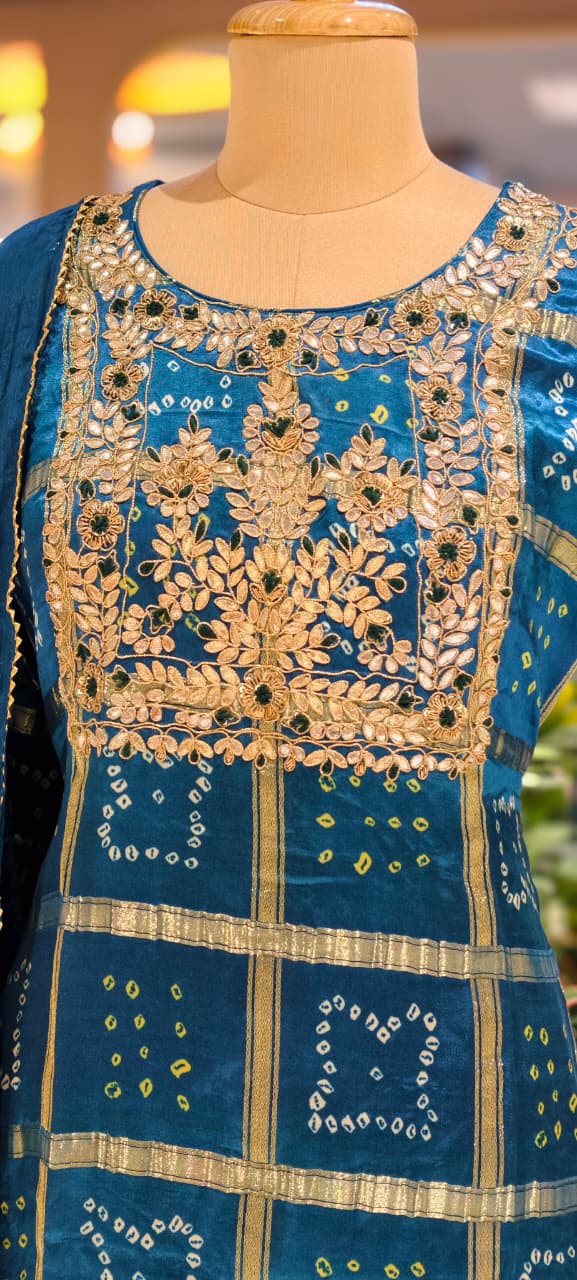 Ghatchola Festive Inspired Gotta Wok Bandhej Full Suit Set With Sharara Bottom & Dupatta In Gajji Silk Fabric- 13918 RB118