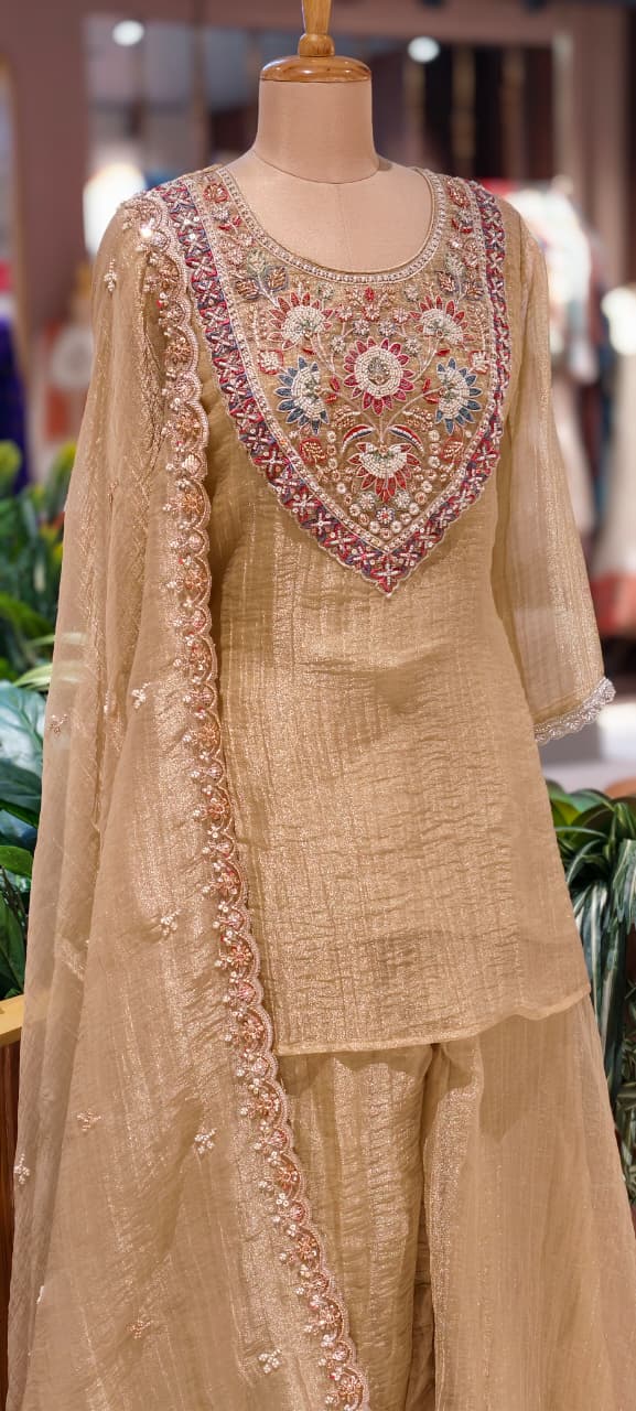 Royal Zardosi Embroidered Yoke Peplum Full Suit Set With Dupatta & Flared Palazzo Bottom- 14034 RB119