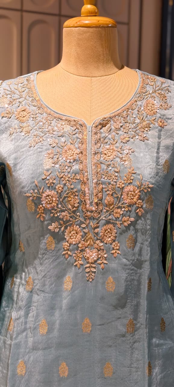 Pastel Toned Golden Handworked Elegant Sharara Full Suit Set Dupatta In Silk Fabric-13916 RB117