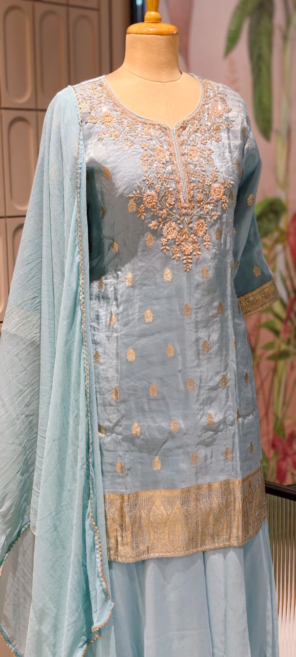 Pastel Toned Golden Handworked Elegant Sharara Full Suit Set Dupatta In Silk Fabric-13916 RB117