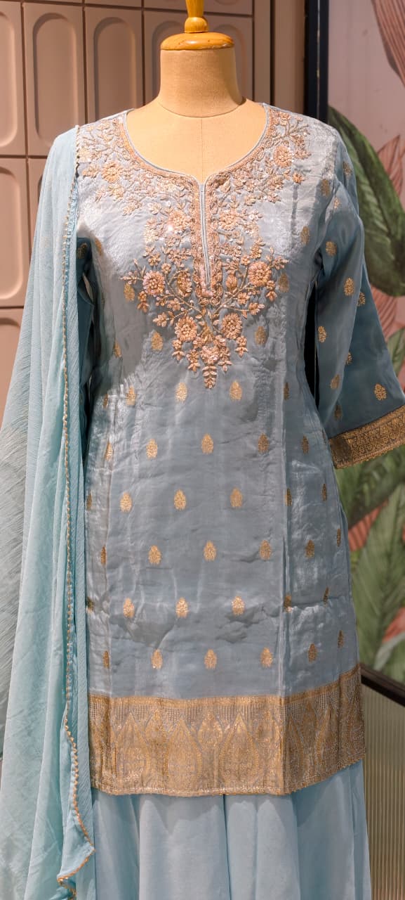 Pastel Toned Golden Handworked Elegant Sharara Full Suit Set Dupatta In Silk Fabric-13916 RB117