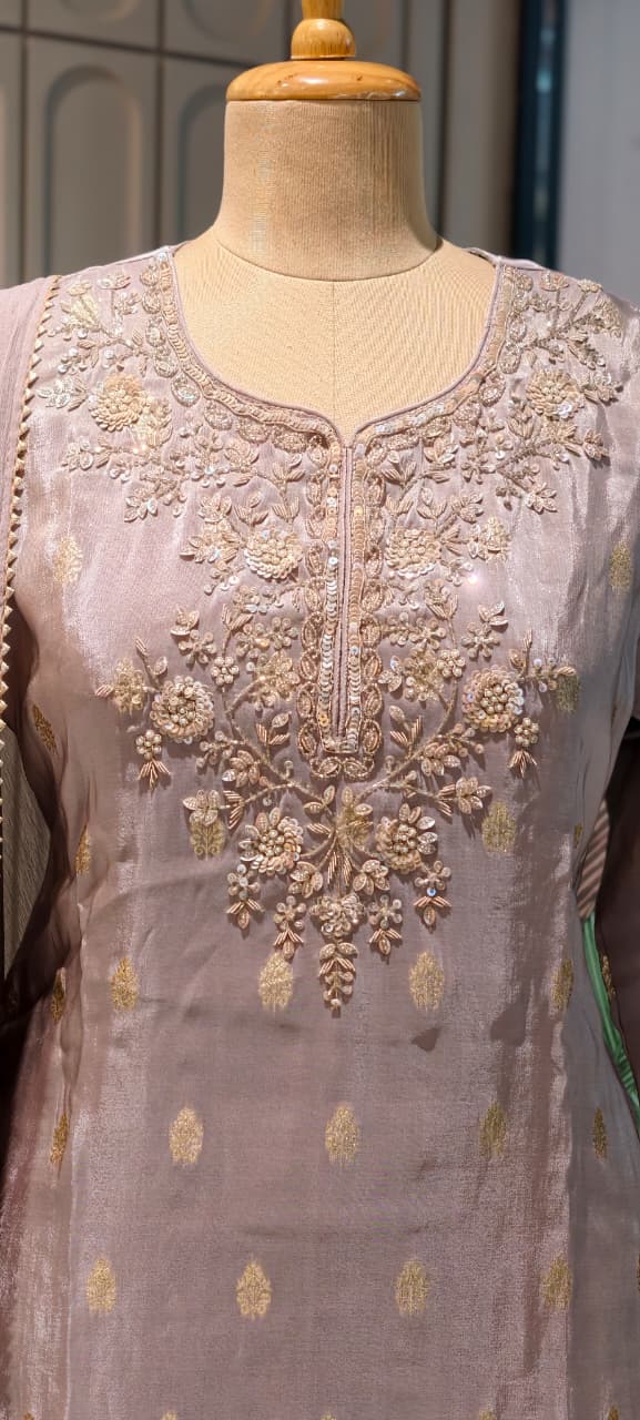 Pastel Toned Golden Handworked Elegant Sharara Full Suit Set Dupatta In Silk Fabric-13916 RB117