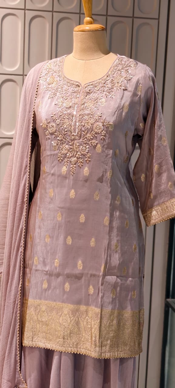 Pastel Toned Golden Handworked Elegant Sharara Full Suit Set Dupatta In Silk Fabric-13916 RB117