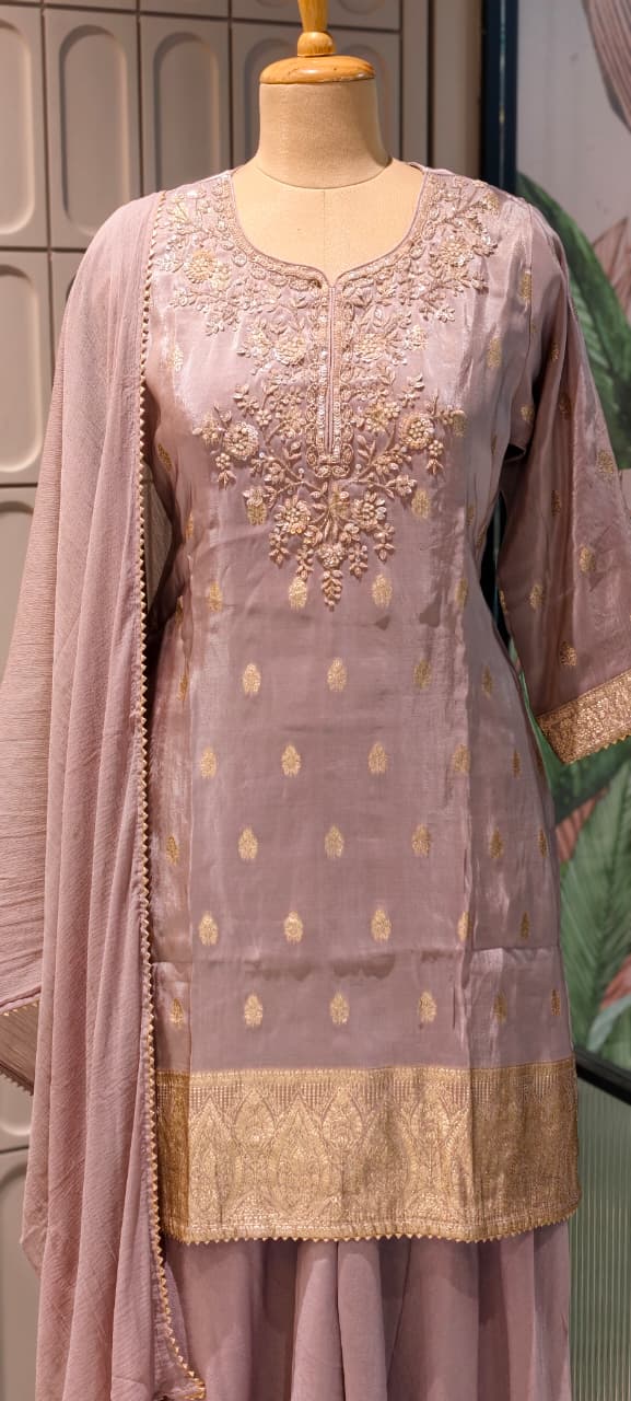 Pastel Toned Golden Handworked Elegant Sharara Full Suit Set Dupatta In Silk Fabric-13916 RB117