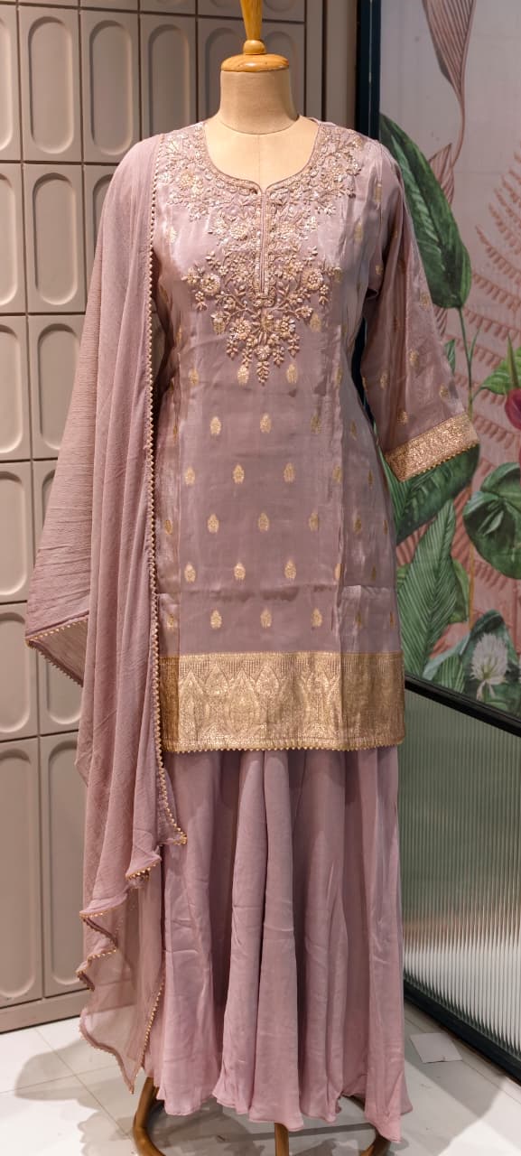 Pastel Toned Golden Handworked Elegant Sharara Full Suit Set Dupatta In Silk Fabric-13916 RB117