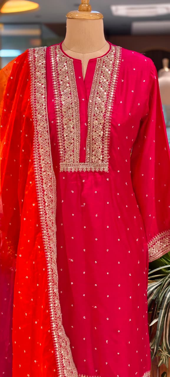 Zarina Work Fuschia Grace Vibrant Festive Full Suit Set With Dupatta In Russian Silk Fabric-14075 RB126