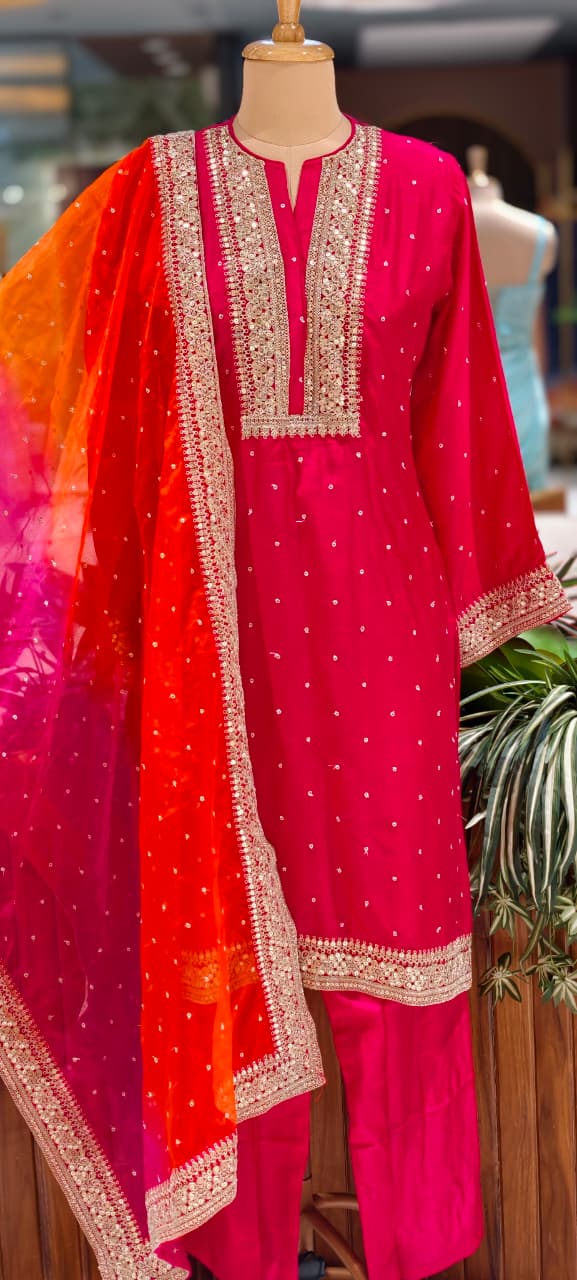 Zarina Work Fuschia Grace Vibrant Festive Full Suit Set With Dupatta In Russian Silk Fabric-14075 RB126