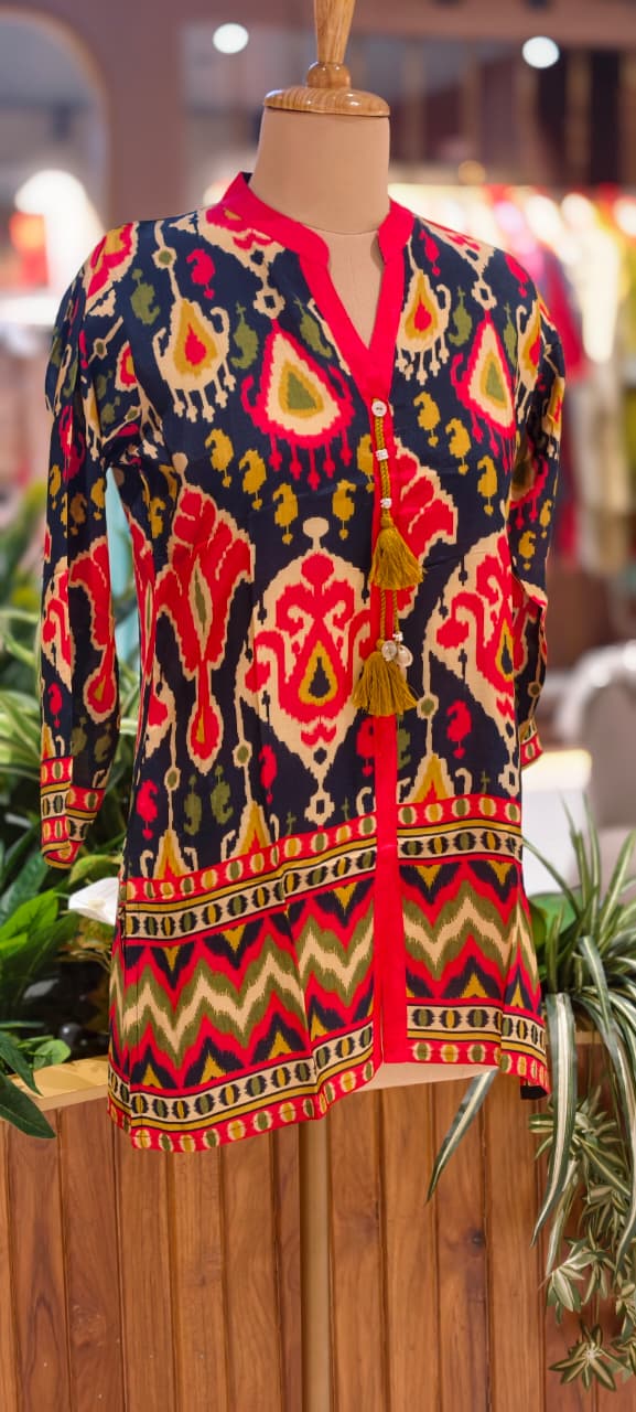 Paisley Earthy Printed Mandarin Casual Wear Muslin Short Kurti Only- 14154 RB164