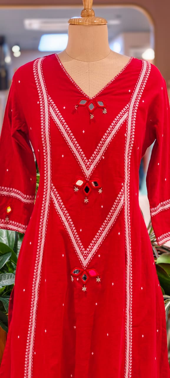 Elegant Red Cotton Kurta Pant Set with Intricate Thread Embroidery, Mirror Work Accents-14181 RB206