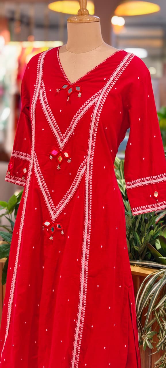 Elegant Red Cotton Kurta Pant Set with Intricate Thread Embroidery, Mirror Work Accents-14181 RB206