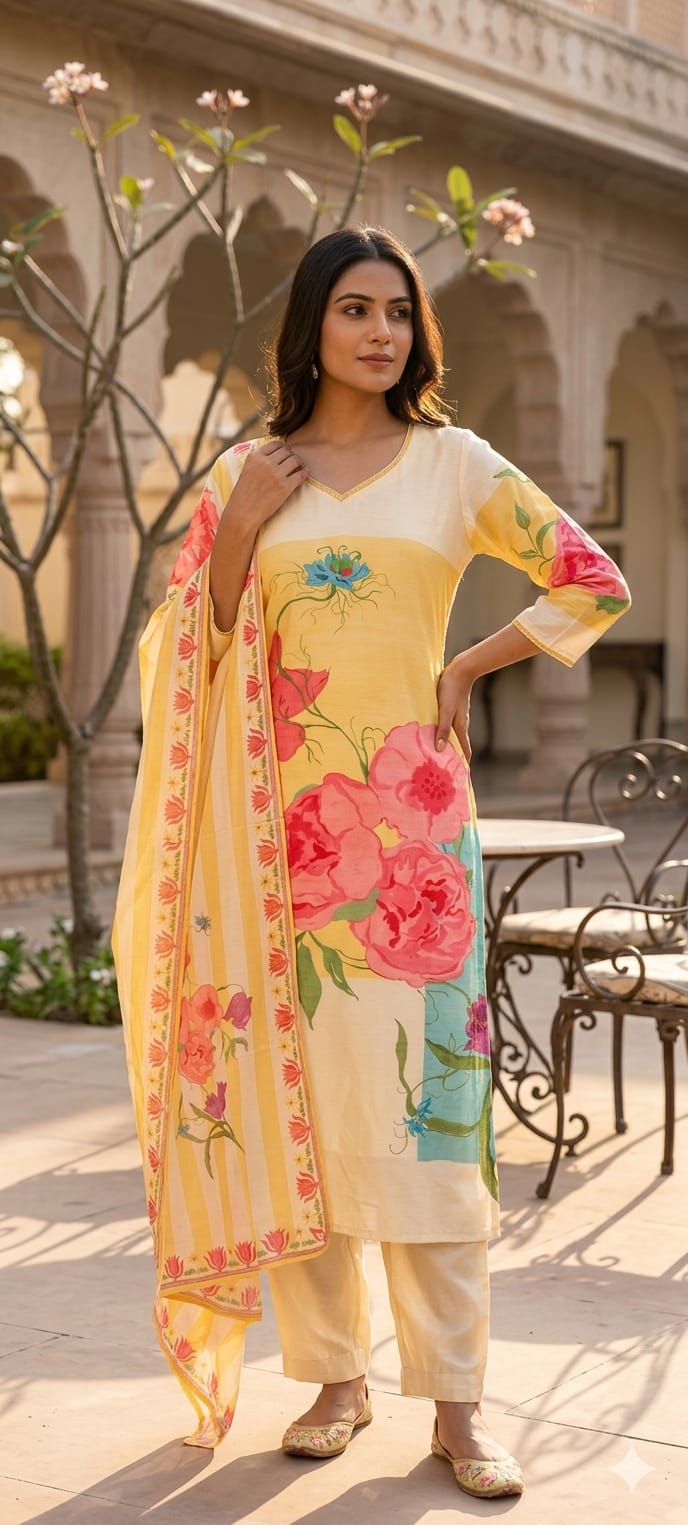 Digital Floral Printed Cut-Dana Neckline Multicolor Linen Full Suit Set With Mul Cotton Dupatta- 14213 RB325