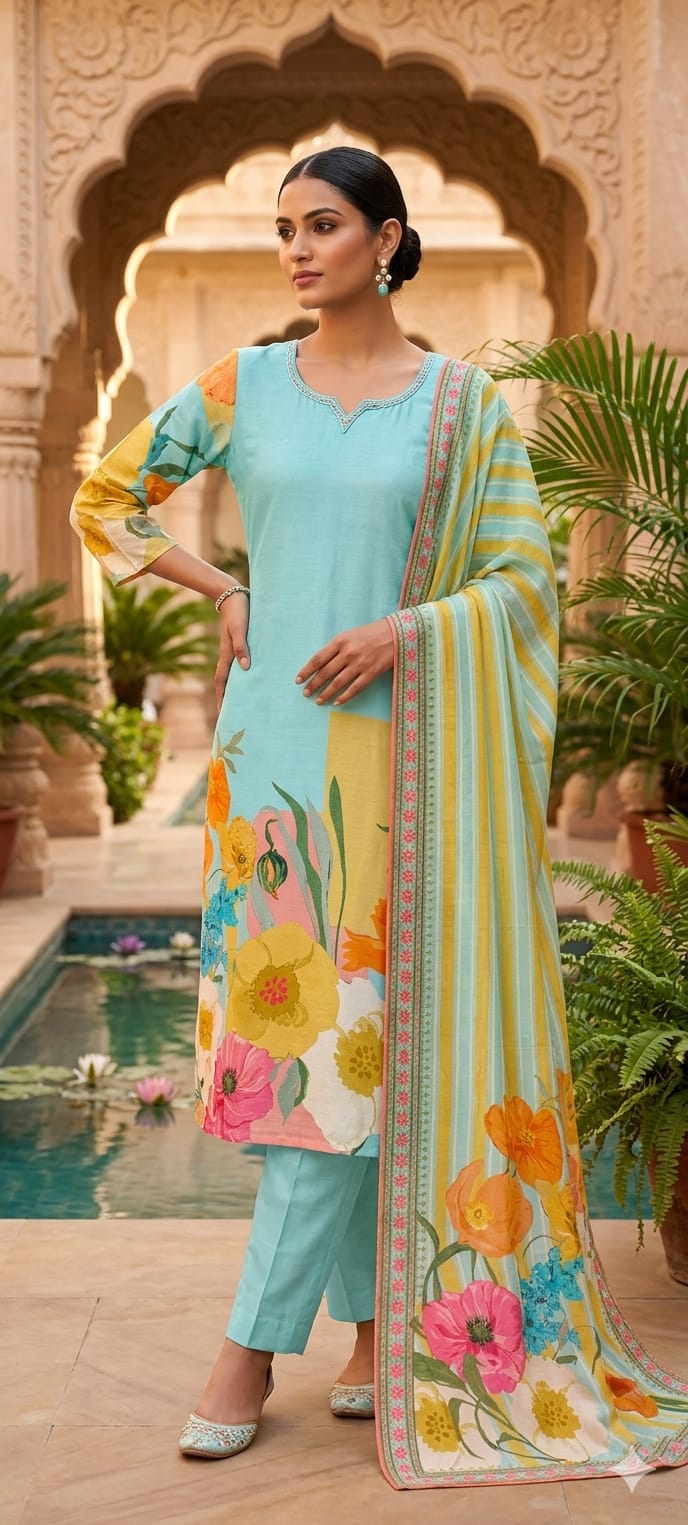 Digital Floral Printed Cut-Dana Neckline Multicolor Linen Full Suit Set With Mul Cotton Dupatta- 14213 RB325