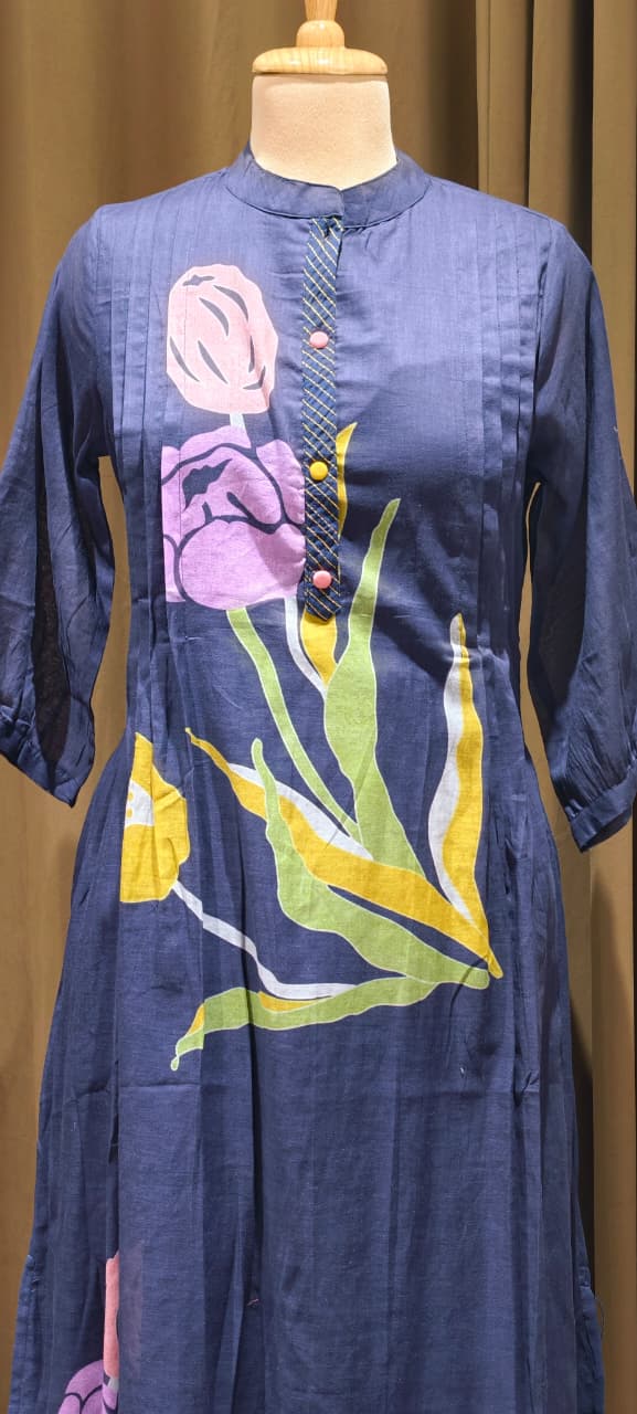 Elegant Navy Blue Mul Cotton Kurta Pant Set with Artistic Floral Print & Pleated Detailing-14485 RB192