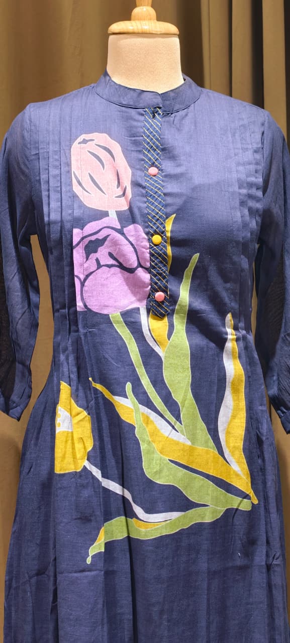 Elegant Navy Blue Mul Cotton Kurta Pant Set with Artistic Floral Print & Pleated Detailing-14485 RB192