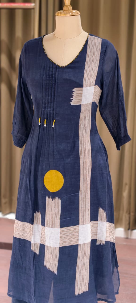 Elegant Navy Blue Mul Cotton Kurta Pant Set with Contemporary Abstract Print-14144 RB193