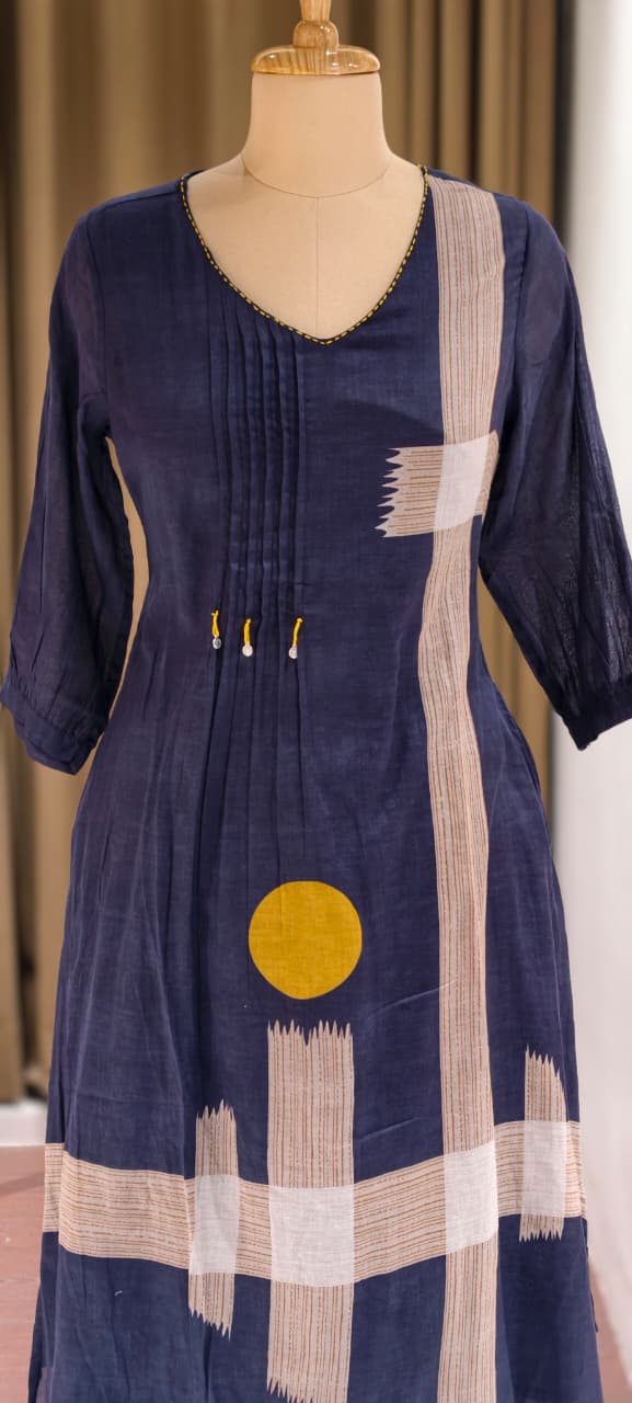 Elegant Navy Blue Mul Cotton Kurta Pant Set with Contemporary Abstract Print-14144 RB193