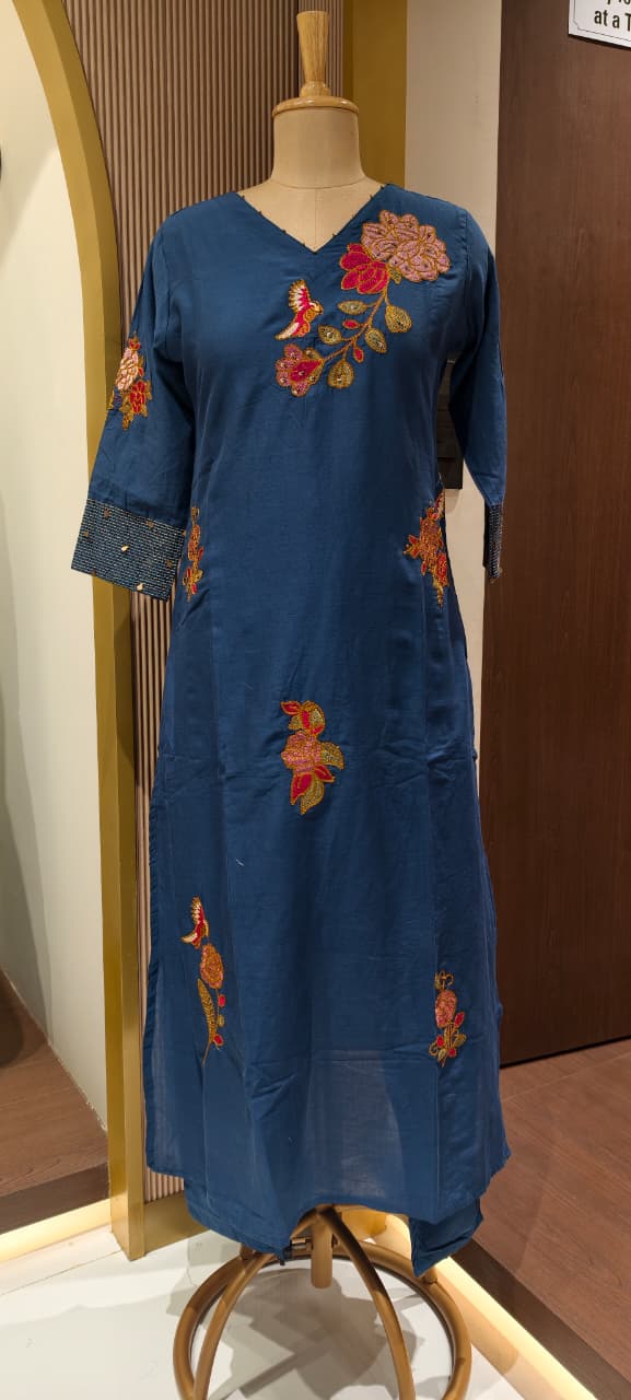 Elegant Navy Blue Kurta with Intricate Multicolor Floral Embroidery Cotton Full Suit-14265 RB203
