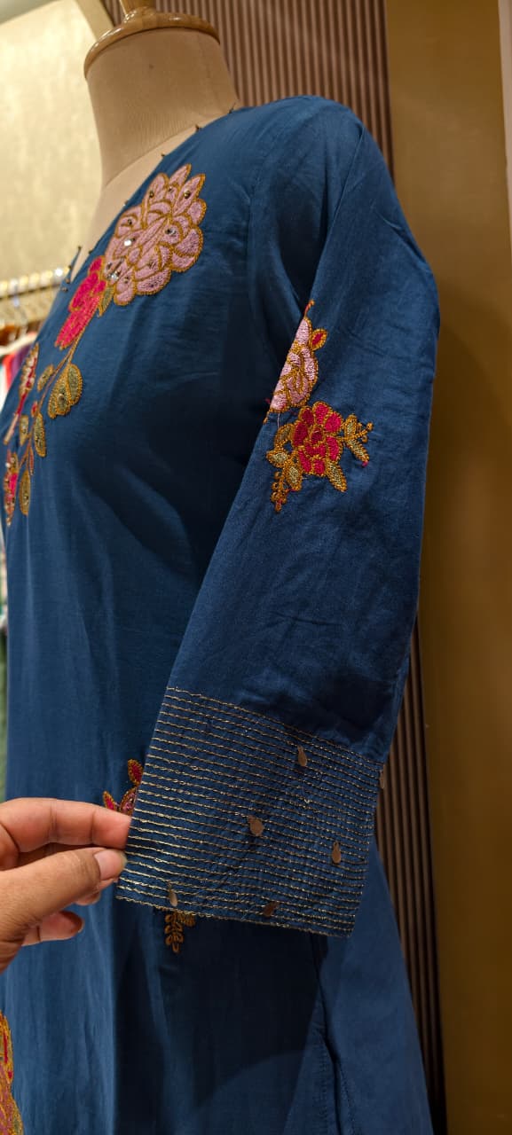 Elegant Navy Blue Kurta with Intricate Multicolor Floral Embroidery Cotton Full Suit-14265 RB203