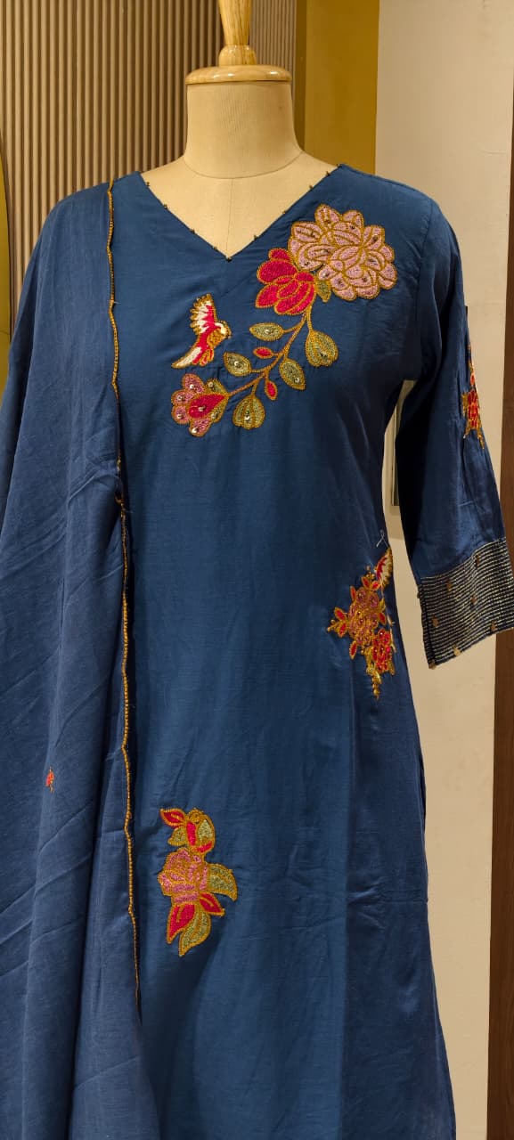 Elegant Navy Blue Kurta with Intricate Multicolor Floral Embroidery Cotton Full Suit-14265 RB203