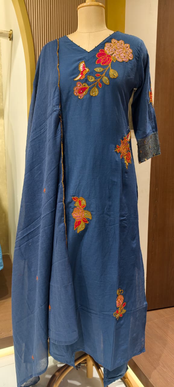 Elegant Navy Blue Kurta with Intricate Multicolor Floral Embroidery Cotton Full Suit-14265 RB203