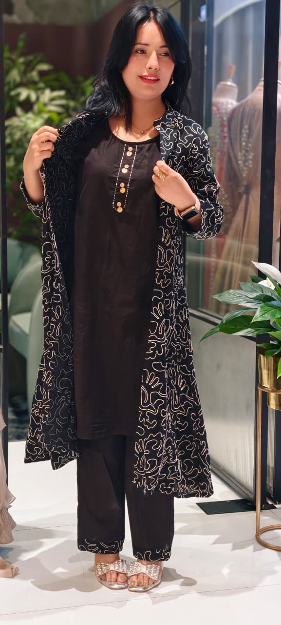 Very Stylish Weavin Thread Embroidered Look Jacket With Kurta Pant Set In Cotton Fabric-14272 RB195