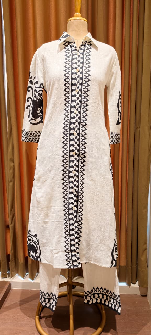 Linear Patterned Motif Summer Wear Collared Long Length Kurta Pant Set In Cotton Fabric-14272 RB190