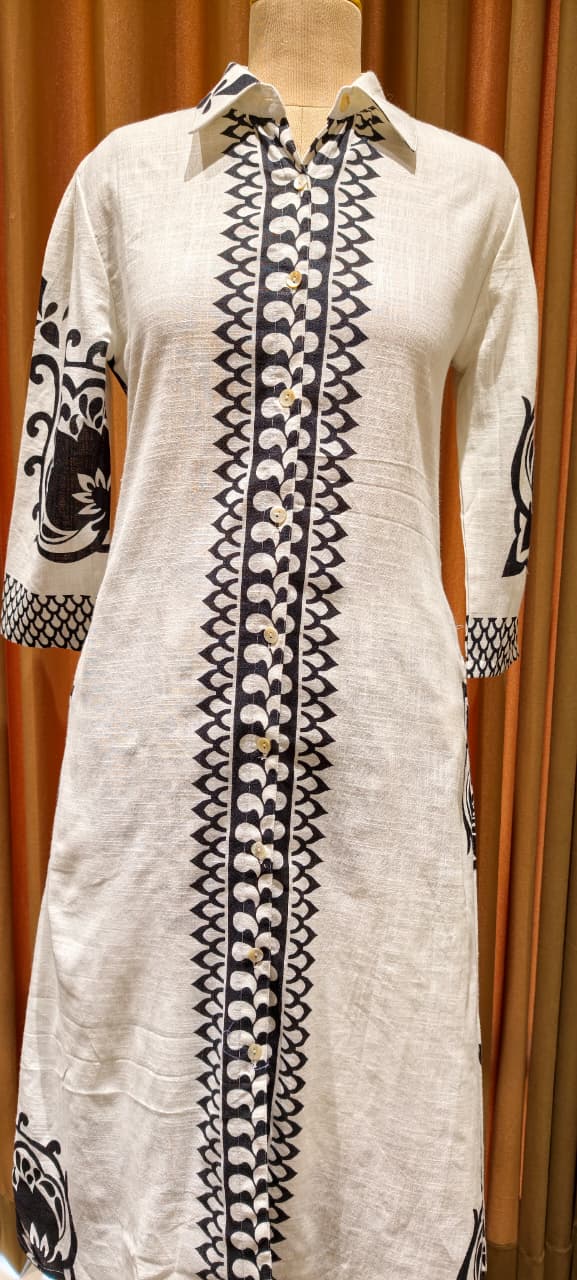 Linear Patterned Motif Summer Wear Collared Long Length Kurta Pant Set In Cotton Fabric-14272 RB190