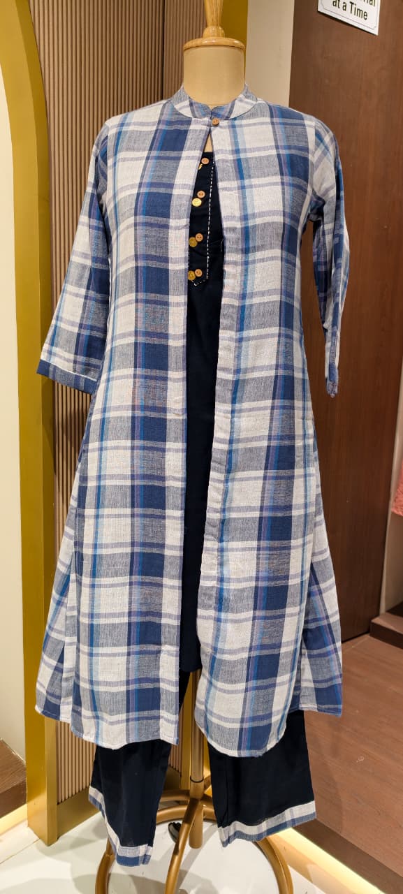 Checks Block 3-Piece Indo Wear Jacket With Kurta Pant Set In Cotton Fabric-14268 RB198