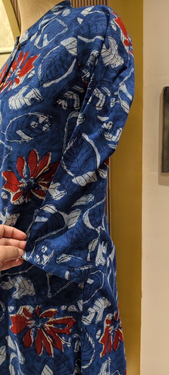 Stylish Blue Cotton Kurta Pant with Attached Printed Overlay Panel & Floral Leaf Motif-14269 RB194