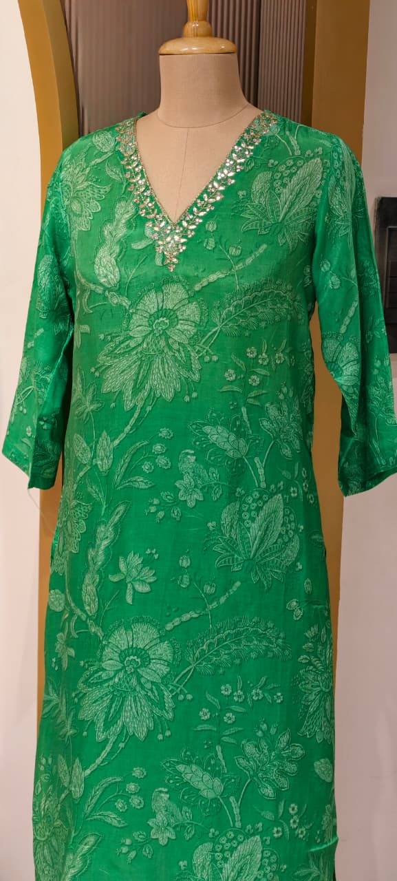 Elegant Muslin Kurta Pant Set with Subtle Self Print & Intricate Hand Embellished Neckline-14256 RB224