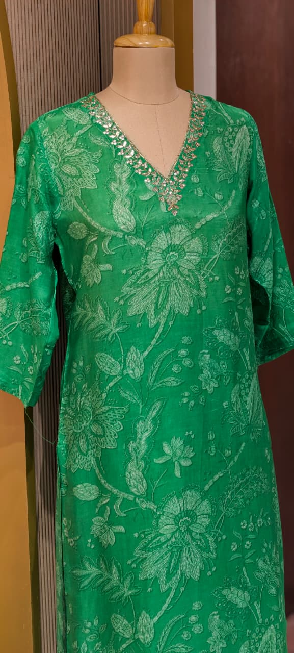 Elegant Muslin Kurta Pant Set with Subtle Self Print & Intricate Hand Embellished Neckline-14256 RB224