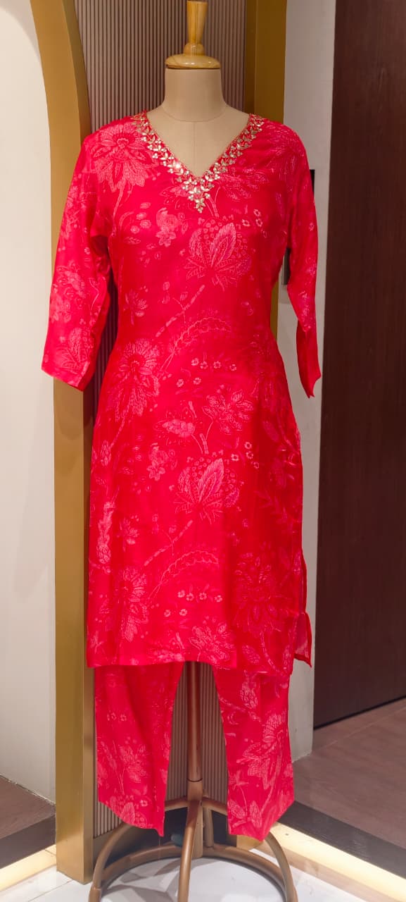 Elegant Muslin Kurta Pant Set with Subtle Self Print & Intricate Hand Embellished Neckline-14256 RB224
