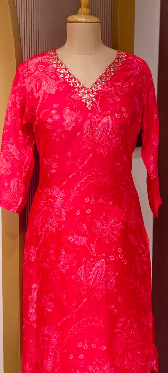 Elegant Muslin Kurta Pant Set with Subtle Self Print & Intricate Hand Embellished Neckline-14256 RB224