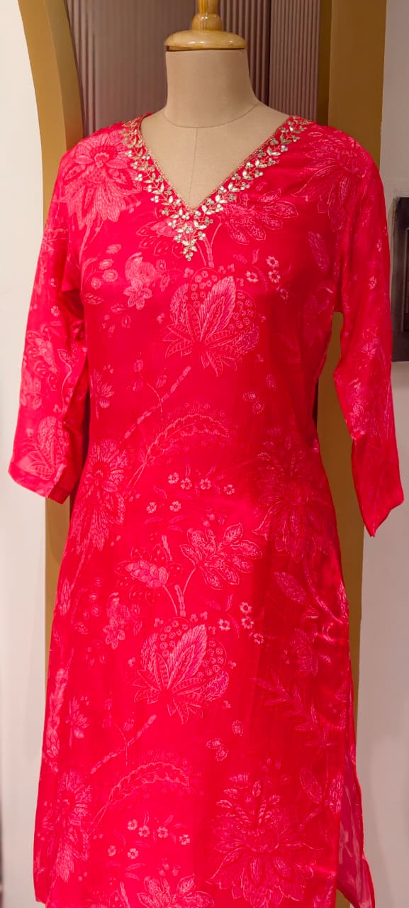 Elegant Muslin Kurta Pant Set with Subtle Self Print & Intricate Hand Embellished Neckline-14256 RB224